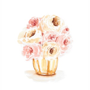 pink Peonies, gold Vase, muted, bouquet, art print, watercolor art, printed art, modern, illustration, pink, cream, floral, illustration