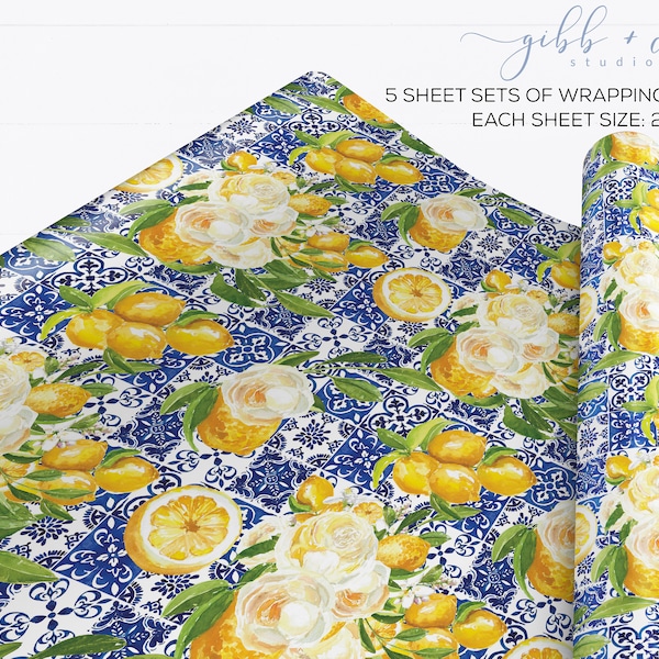 Lemon floral wrapping paper, lemon blossoms, Positano tile, wedding wrapping paper, flowers, shower wrapping paper, tile, illustration