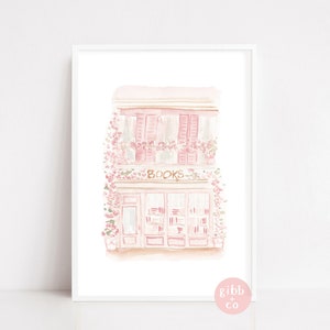 Bookshop, Book lover, art print, pink, architecture lover, art print, whimsical, watercolor, wall decor, neutral art prints, Bookshop series