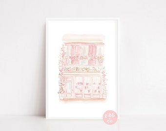 Bookshop, Book lover, art print, pink, architecture lover, art print, whimsical, watercolor, wall decor, neutral art prints, Bookshop series