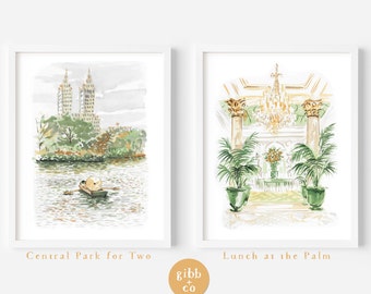 May include: Two watercolor illustrations. The first shows a view of Central Park in New York City with two tall buildings in the background and a rowboat on the water. The second shows a grand interior with a chandelier, columns, and potted palm trees. The text "Central Park for Two" is below the first illustration and "Lunch at the Palm" is below the second.