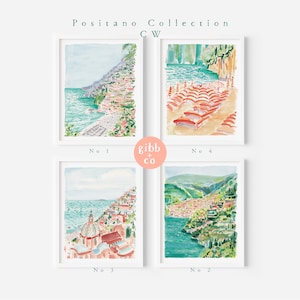 May include: Four framed watercolor prints from the Positano Collection. Each print depicts a coastal Italian scene with buildings, water, and greenery. The prints are numbered 1, 2, 3, and 4. The artist's name, "gibb + co", is also visible.