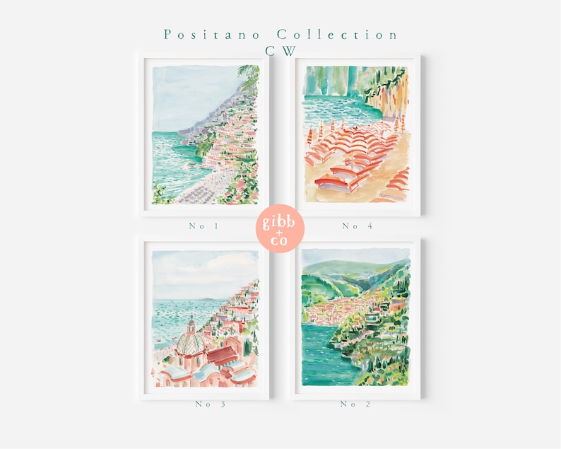 May include: Four framed watercolor prints from the Positano Collection. Each print depicts a coastal Italian scene with buildings, water, and greenery. The prints are numbered 1, 2, 3, and 4. The artist's name, "gibb + co", is also visible.