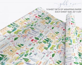 New York city collage wrapping paper, Grand Central Station, Central Park, wrapping paper, gift design, whimsical, illustration