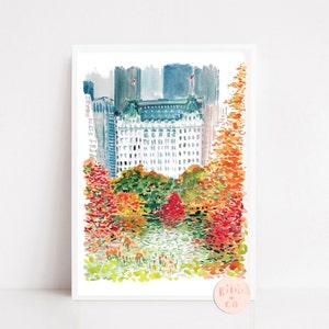 New York, Hotel Plaza, Central Park, New York Travel poster, New York travel art print, watercolor art print, printed art, fall, spring