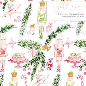 May include: A seamless pattern featuring a watercolor illustration of a nutcracker, a ballerina, a mouse, candy canes, snowflakes, and evergreen branches. The pattern is in shades of pink, green, and white. The text "gibb + co studio" and "5 sheet sets of wrapping paper each sheet size: 20" x 29" " is included in the design.
