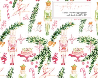 Nutcracker Christmas wrapping paper, Nutcracker Christmas gift wrap, pink, green, decorative, holiday, whimsical, gift wrap, paper product