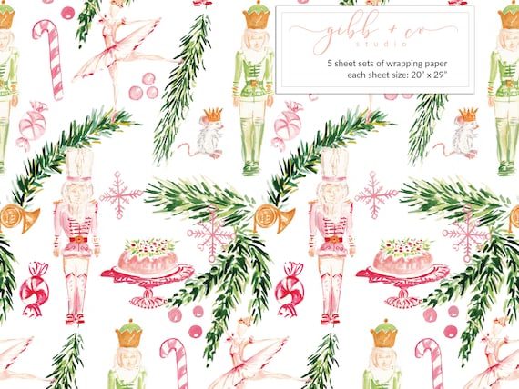 Nutcracker Christmas wrapping paper, Nutcracker Christmas gift wrap, pink, green, decorative, holiday, whimsical, gift wrap, paper product