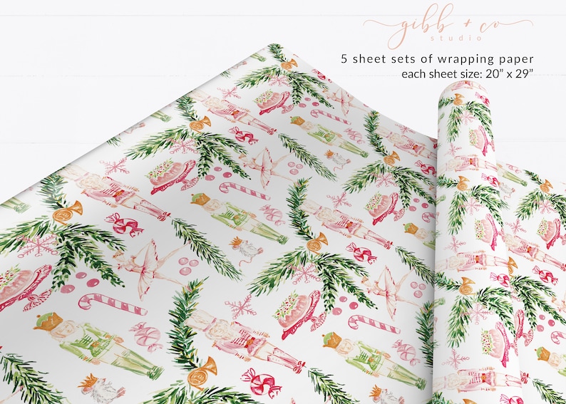 May include: A set of 5 sheets of Christmas wrapping paper featuring a pink and green watercolor pattern with nutcrackers, ballerinas, candy canes, and snowflakes. Each sheet measures 20 inches by 29 inches.