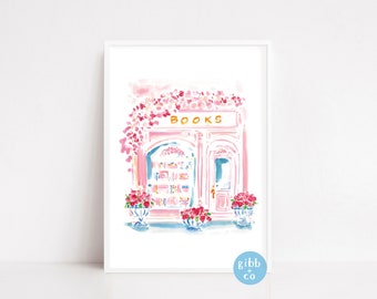 Bookshop, Book lover, art print, pink, architecture lover, art print, whimsical, watercolor, wall decor, colorful art print, Bookshop series