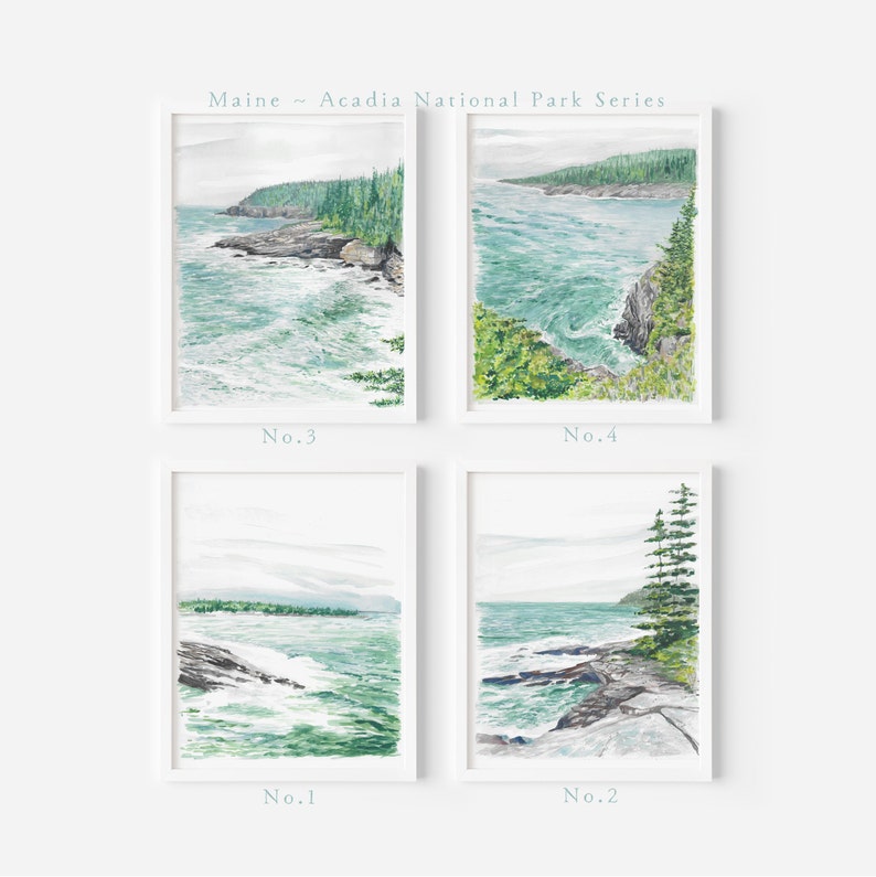 Maine, Acadia National Park, Seascape, landscape, art print, watercolor art print, printed art, modern, illustration, blue image 1