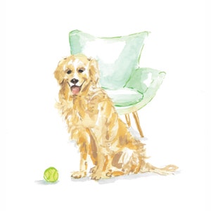 Art Print, Golden Retriever, mint, chair, dog lover, watercolor, art, printed art, modern, minimal, velvet, midcentury, golden, dog lover