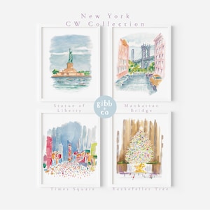 New York travel art, Statue of Liberty, Manhattan bridge, Times Square, Rockefeller Tree, art print, watercolor art print, printed art, CW