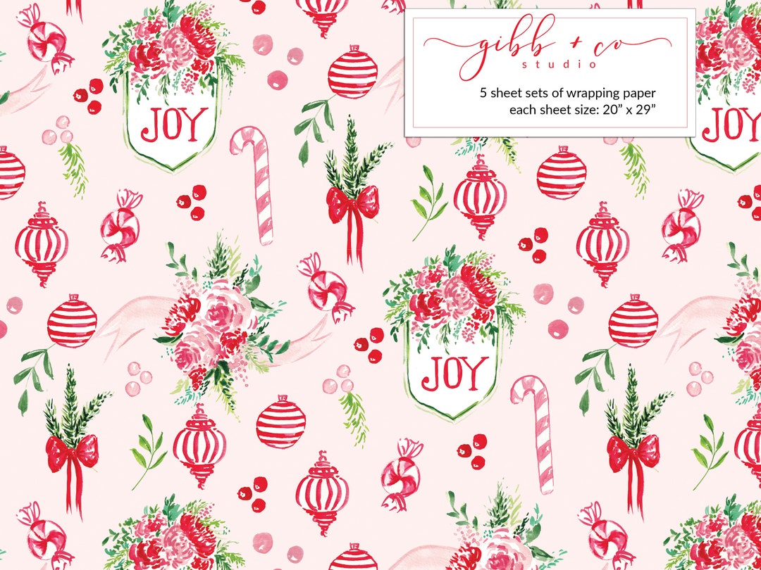 Pink Retro Christmas Wrapping Paper, Pink Floral Christmas Gift Wrap, Green, Decorative, Holiday