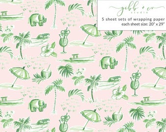 Tropical Jungle wrapping paper, elephant, monkey, wrapping paper, whimsical, pink wrapping paper, illustration, koi fish paper, green