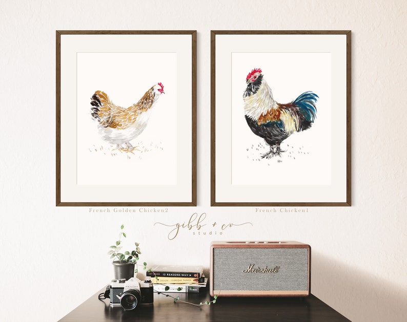 Chicken art, French, French hens, French Provincial, farmhouse, modern rustic, art print, watercolor art print, printed art, illustration image 2
