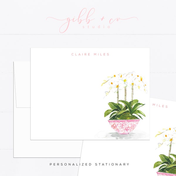 Personalized stationery, white orchid, girly, watercolor, printed art, gift for, feminine, illustration, tropical, flat card, pink porcelain
