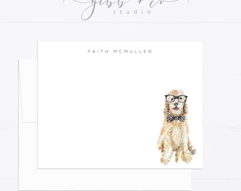 May include: A white card with the text "FAITH MCMULLEN" printed in black. The card features a watercolor illustration of a dog wearing glasses and a bow tie.
