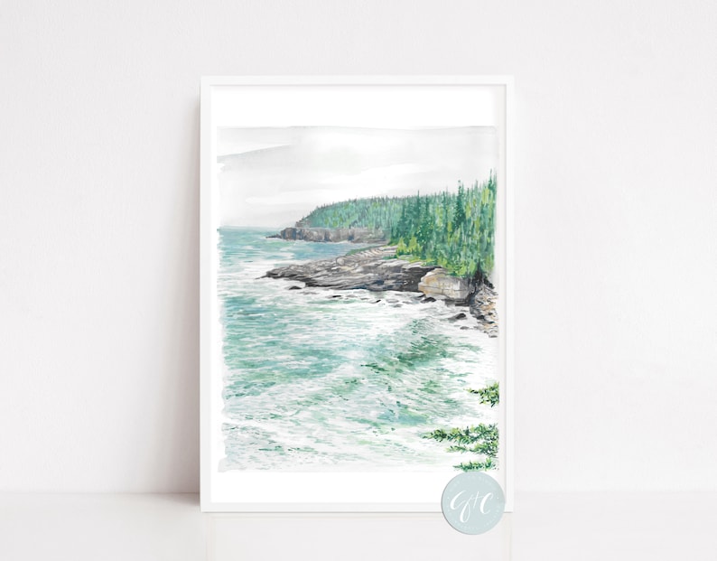 Maine, Acadia National Park, Seascape, landscape, art print, watercolor art print, printed art, modern, illustration, blue image 4