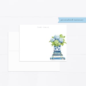 Cartes de correspondance hortensias, livres empilés, cartes de correspondance personnalisées, papeterie, ensemble de papeterie aquarelle, cadeau pour, illustration, carte plate, bleu