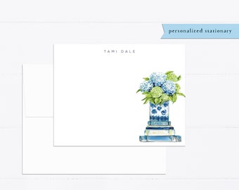 Cartes de correspondance hortensias, livres empilés, cartes de correspondance personnalisées, papeterie, ensemble de papeterie aquarelle, cadeau pour, illustration, carte plate, bleu