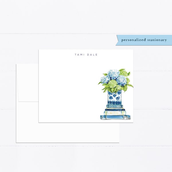 Hydrangeas notecards, stacked books, personalized notecards, stationery, watercolor stationery set, gift for, illustration, flat card, blue