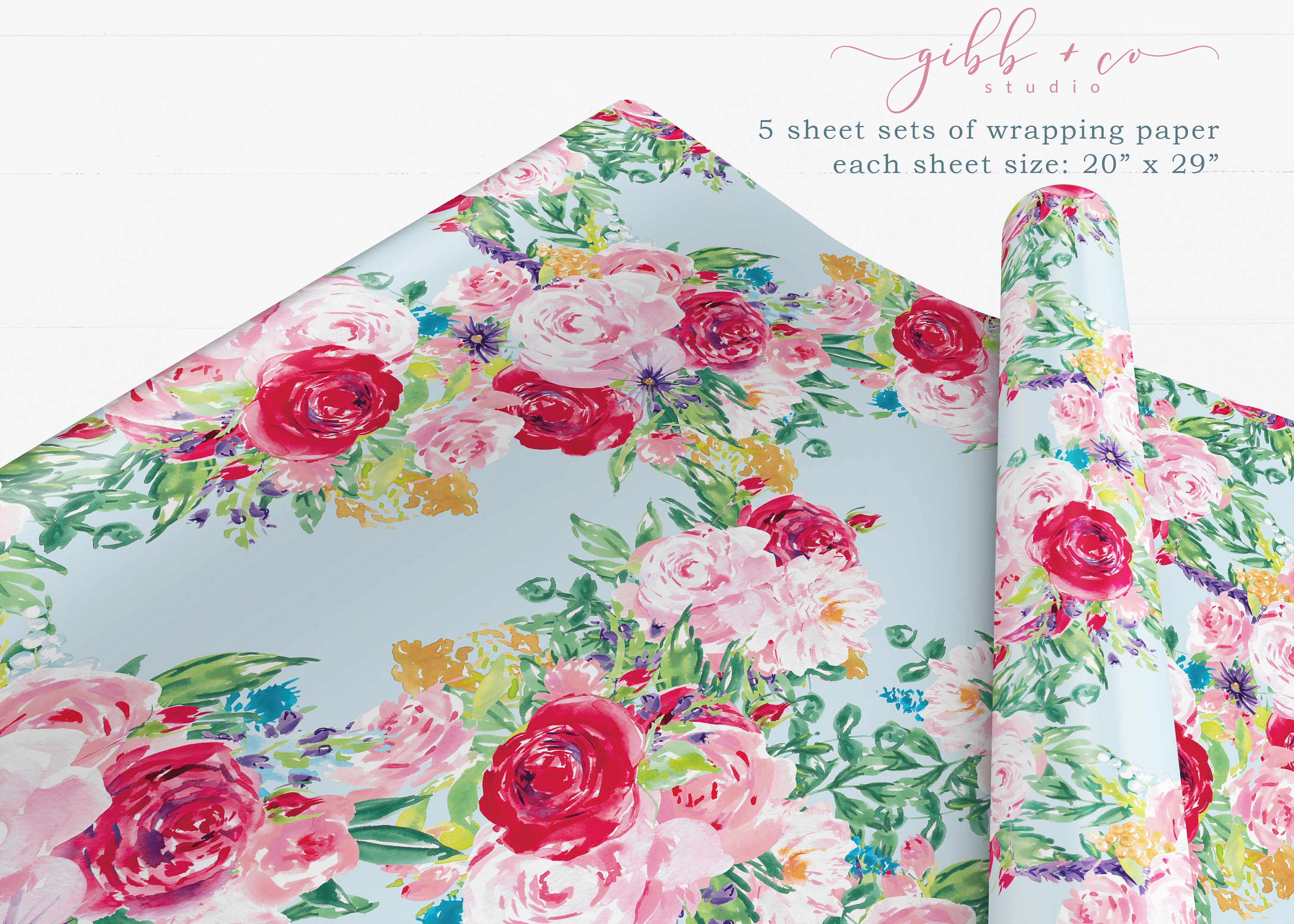 Floral Wrapping Paper, Wedding, Birthday, Roses, Pink, Red, Blue