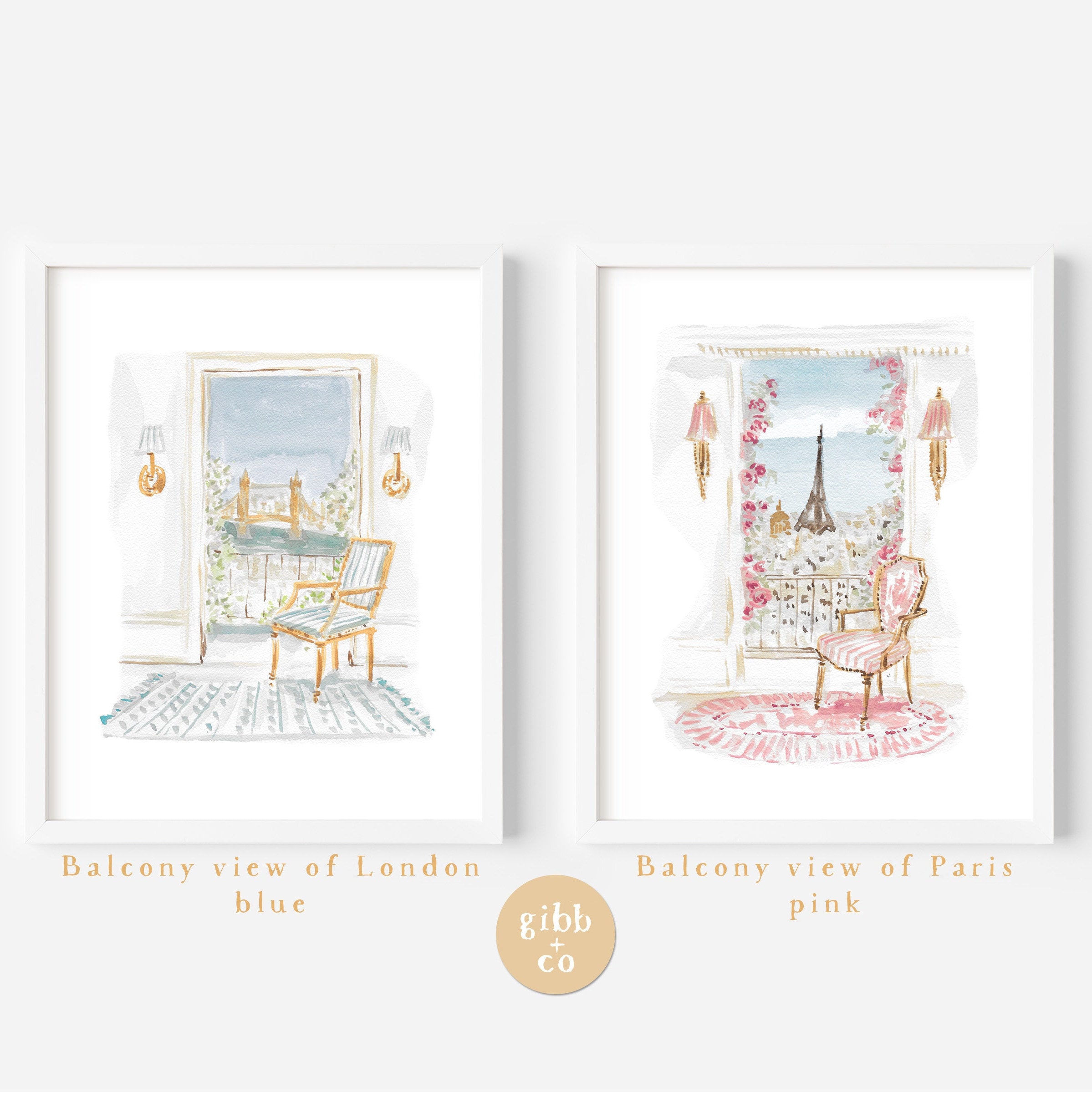 travel art, London, Paris, balcony city view, art print, whimsical, watercolor, wall decor, neutral art prints, pink, blue
