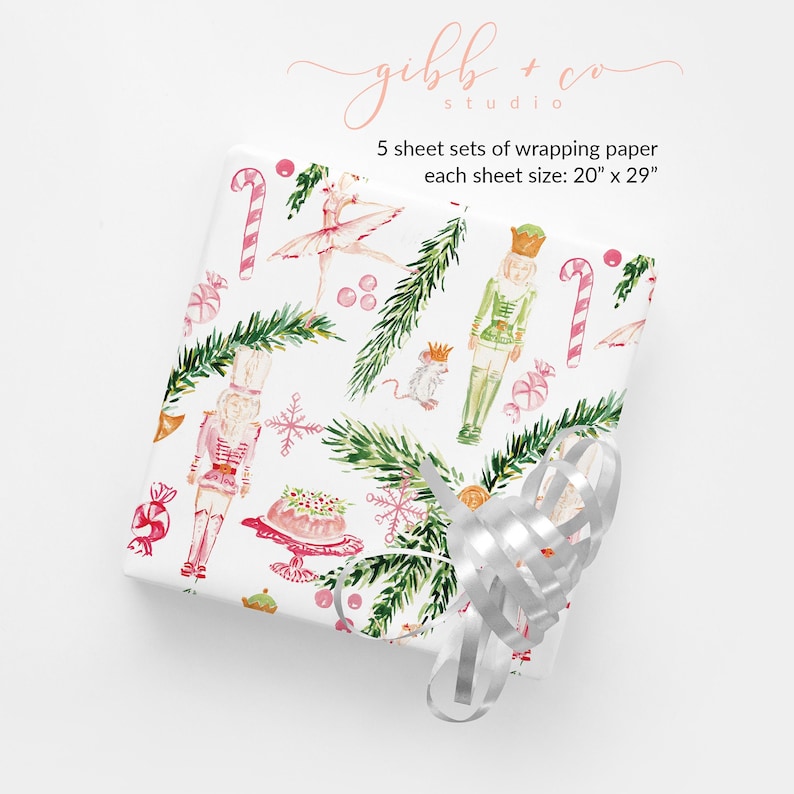 May include: A set of 5 sheets of wrapping paper featuring a pink and green Christmas pattern with nutcrackers, ballerinas, candy canes, and snowflakes. Each sheet measures 20 inches by 29 inches.