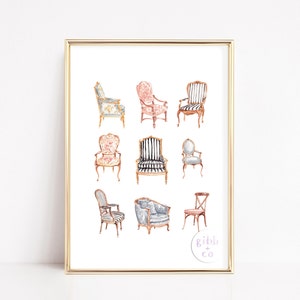 French Classic Chairs art print, interior design decor, interior design print, chair collage illustration, watercolor, pink, gray, blue