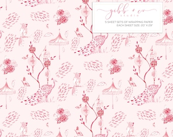 Pink peacock Chinoiserie wrapping paper, watercolor, illustrated wrapping paper, baby shower, bridal shower, pink, birthday wrapping paper