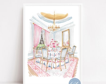 Paris travel art, Paris Brunch w view of Eiffel Tower art print, nursery decor, colorful, travel art, nursery art, French art, Paris decor