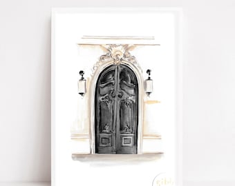 Paris Door art, carved door art, French architecture, Paris Architecture, city life, doors, watercolor art print, illustration, decor