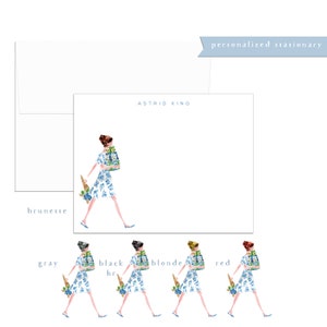 Papeterie personnalisée, robe bleue, hortensias, cadeaux, girly, féminin, chinoiserie, mode, illustration, papeterie pour cartes plates