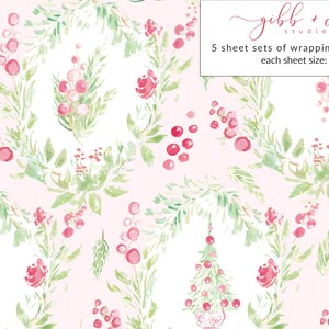 May include: Pink watercolor wrapping paper with a repeating pattern of green leaves, red berries, and pink flowers. The text "gibbe + co studio" and "5 sheet sets of wrapping paper each sheet size: 20" x 29" " is printed in black at the top of the image.