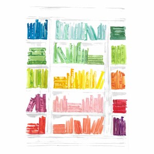 Rainbow Bookcase, library, color, stacked books, art print, watercolor art, printed art, modern, watercolor, illustration, book lover