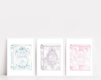 Literary Art Print, Illustrated Book Cover, Nursery, watercolor art print, illustration, Pride Prejudice, Little Women, Jane Eyre, wall art