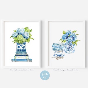 Blue Hydrangeas art print, stacked books, tea, book lover art print, whimsical, colorful, art print, watercolor, wall decor, blue pot