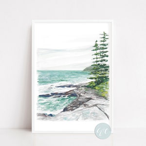 Maine, Acadia National Park, Seascape, landscape, art print, watercolor art print, printed art, modern, illustration, blue