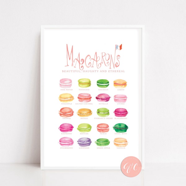 Impression d'art de macaron, saveurs de macaron, nourriture illustrée, affiche de pâtisserie française, pâtisseries françaises, impression d'art, impression d'art d'aquarelle, art imprimé