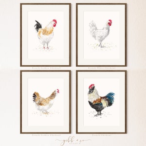 Chicken art, French, French hens, French Provincial, farmhouse, modern rustic, art print, watercolor art print, printed art, illustration