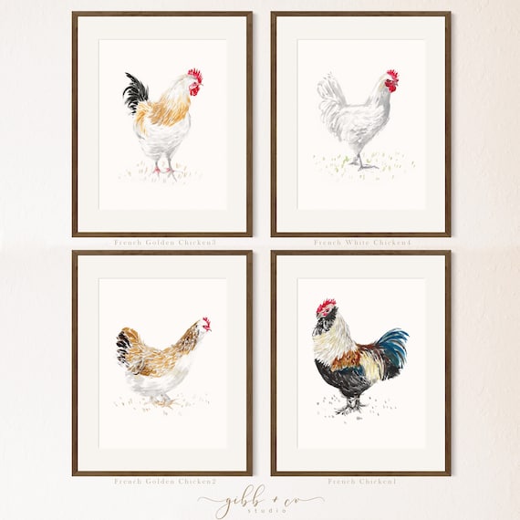 Chicken art, French, French hens, French Provincial, farmhouse, modern rustic, art print, watercolor art print, printed art, illustration