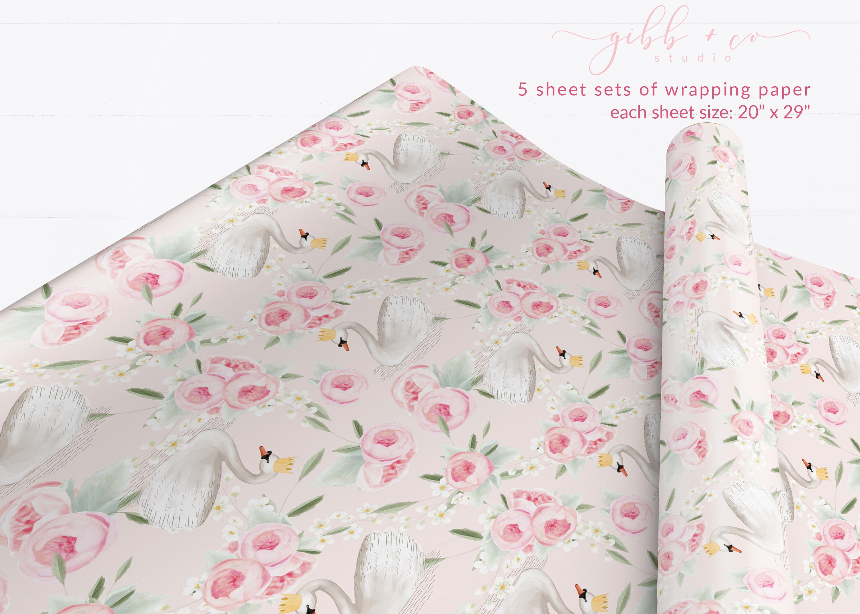 Floral wrapping paper, baby shower, princess, swan princess, birthday,  peony, pink, wrapping paper, whimsical, gift wrap, paper product