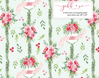 May include: Wrapping paper with a repeating pattern of watercolor floral bouquets in pink and red, with green foliage and red berries on a light green background. The design includes banners with the word "JOY". The text in the image says "5 sheet sets of wrapping paper each sheet size: 20" x 29".