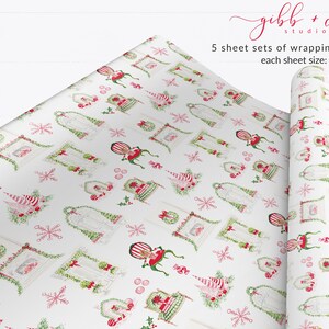 May include: A set of five Christmas wrapping paper sheets featuring a repeating pattern of a fireplace, a chair, a Christmas tree, and a wreath. Each sheet measures 20 inches by 29 inches.