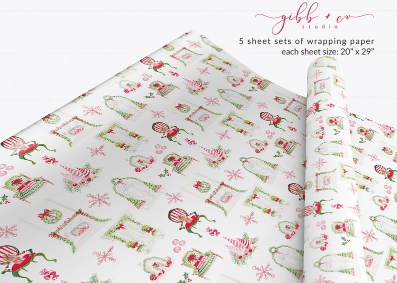 May include: A set of five Christmas wrapping paper sheets featuring a repeating pattern of a fireplace, a chair, a Christmas tree, and a wreath. Each sheet measures 20 inches by 29 inches.