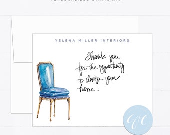 Interior design personalized notecards, antique chair, watercolor stationery gift, vintage, blue, illustration, interior design gift