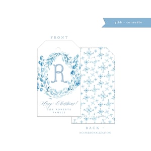 Blue Chinoiserie floral Monogram Personalized Christmas gift tag, personalized gift tag, holiday, Blue Christmas chinoiserie floral toile