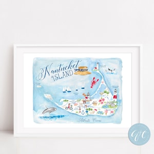 Carte illustrée de l'île de Nantucket, carte de Nantucket, aquarelle, art du voyage, art de la pépinière, impression d'art, art imprimé, moderne, illustration