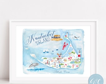 Nantucket Island Illustrated map, map of Nantucket, watercolor art, travel art, nursery art, art print, printed art, modern, illustration